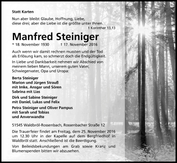 Anzeige von Manfred Steiniger von Kölner Stadt-Anzeiger / Kölnische Rundschau / Express