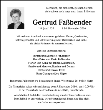 Anzeige von Gertrud Faßbender von Kölner Stadt-Anzeiger / Kölnische Rundschau / Express