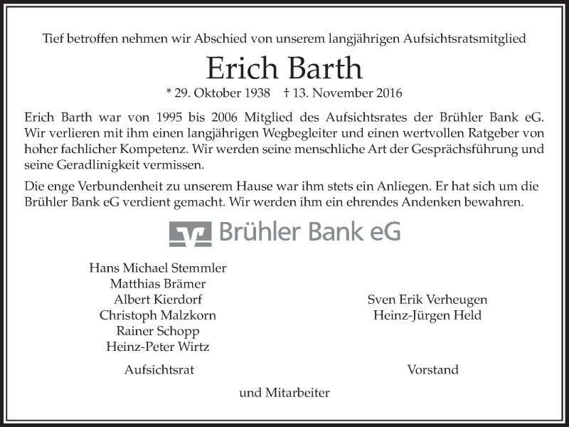  Traueranzeige für Erich Barth vom 23.11.2016 aus  Schlossbote/Werbekurier 