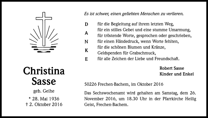  Traueranzeige für Christina Sasse vom 16.11.2016 aus Kölner Stadt-Anzeiger / Kölnische Rundschau / Express