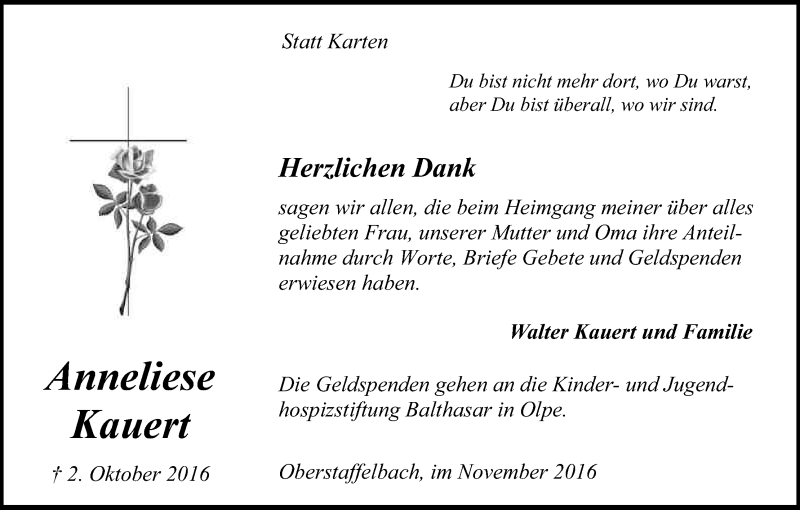  Traueranzeige für Anneliese Kauert vom 05.11.2016 aus Kölner Stadt-Anzeiger / Kölnische Rundschau / Express