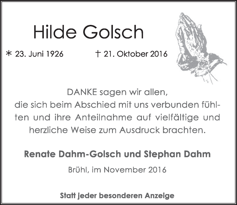  Traueranzeige für Hilde Golsch vom 30.11.2016 aus  Schlossbote/Werbekurier 