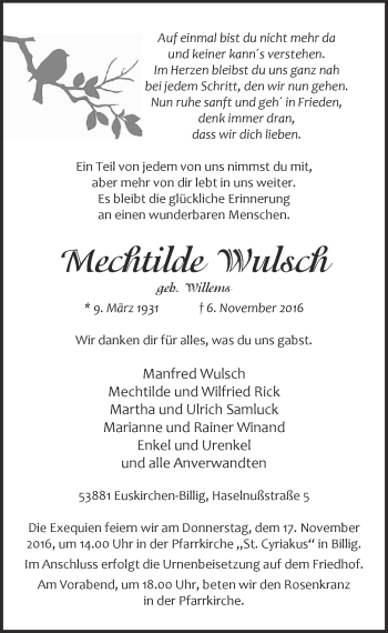 Anzeige von Mechtilde Wulsch von  Blickpunkt Euskirchen 