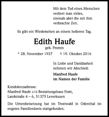 Anzeige von Edith Haufe von Kölner Stadt-Anzeiger / Kölnische Rundschau / Express