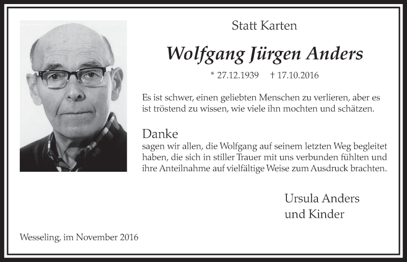  Traueranzeige für Wolfgang Jürgen Anders vom 30.11.2016 aus  Schlossbote/Werbekurier 