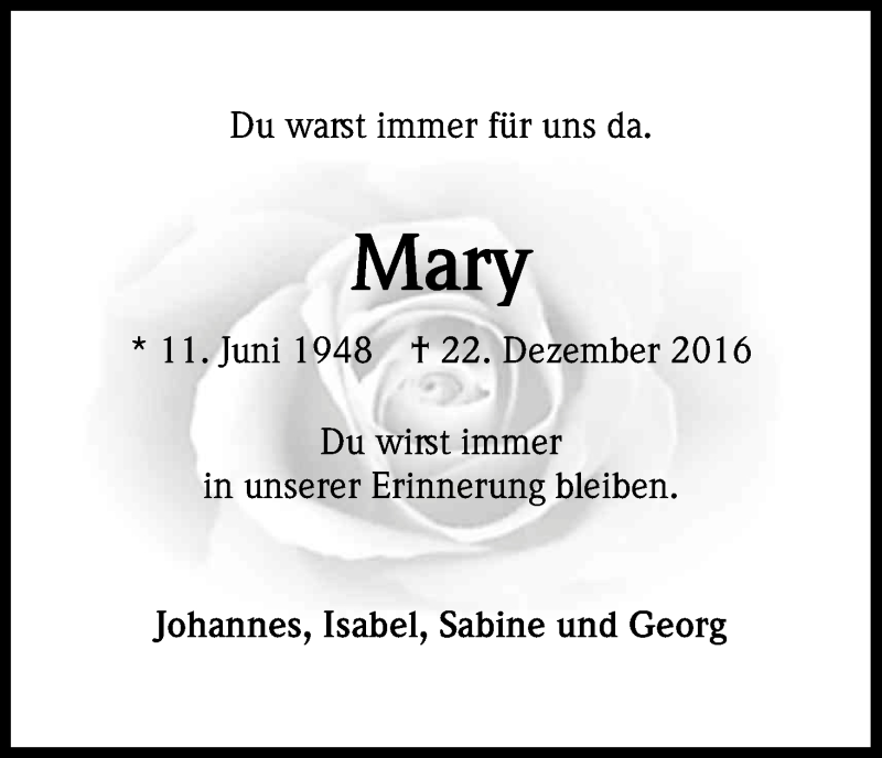  Traueranzeige für Mary von Wirtz vom 27.12.2016 aus Kölner Stadt-Anzeiger / Kölnische Rundschau / Express