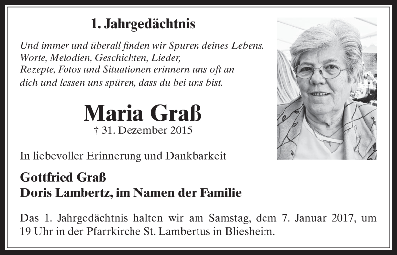  Traueranzeige für Maria Graß vom 28.12.2016 aus  Werbepost 