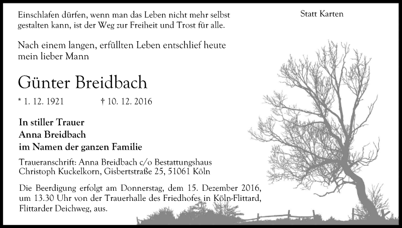  Traueranzeige für Günter Breidbach vom 13.12.2016 aus Kölner Stadt-Anzeiger / Kölnische Rundschau / Express