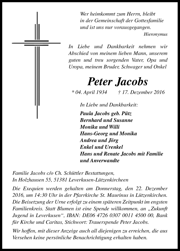  Traueranzeige für Peter Jacobs vom 20.12.2016 aus Kölner Stadt-Anzeiger / Kölnische Rundschau / Express