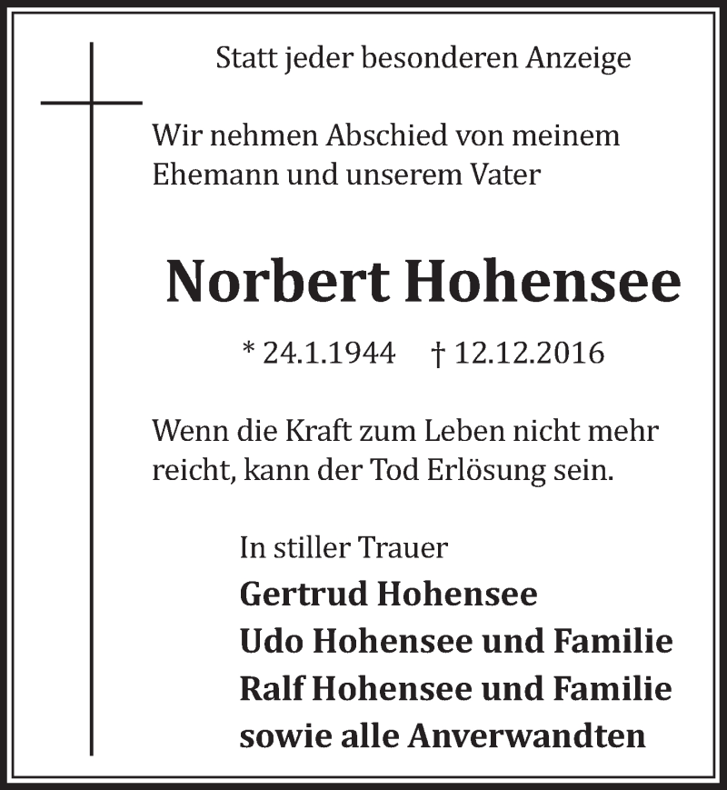  Traueranzeige für Norbert Hohensee vom 17.12.2016 aus  Sonntags-Post 