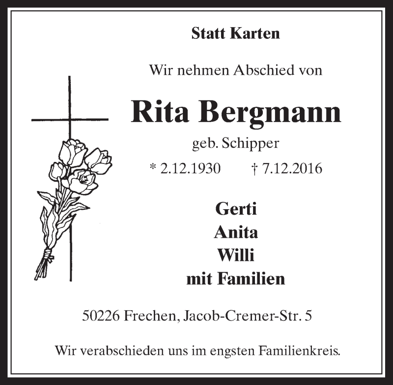  Traueranzeige für Rita Bergmann vom 14.12.2016 aus  Wochenende 
