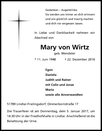 Anzeige von Mary von Wirtz von Kölner Stadt-Anzeiger / Kölnische Rundschau / Express