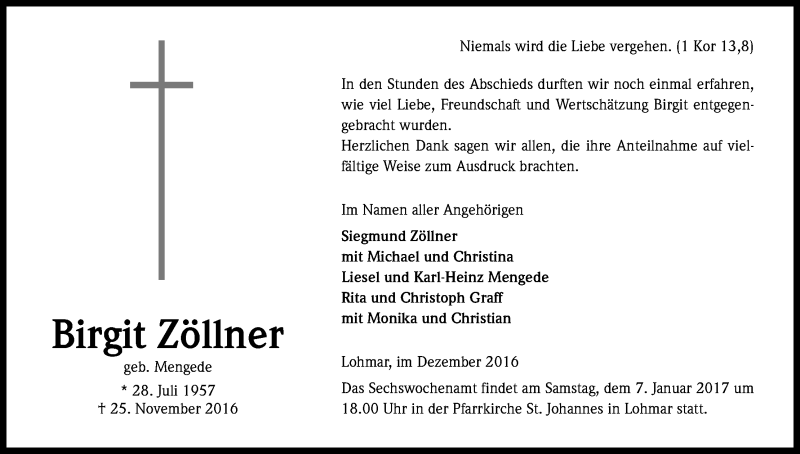  Traueranzeige für Birgit Zöllner vom 24.12.2016 aus Kölner Stadt-Anzeiger / Kölnische Rundschau / Express