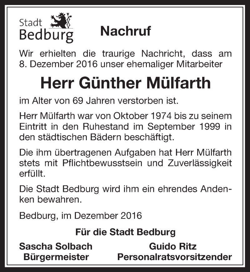  Traueranzeige für Günther Mülfarth vom 21.12.2016 aus  Werbepost 