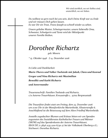 Anzeige von Dorothee Richartz von Kölner Stadt-Anzeiger / Kölnische Rundschau / Express