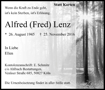 Anzeige von Alfred Lenz von Kölner Stadt-Anzeiger / Kölnische Rundschau / Express