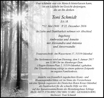 Anzeige von Toni Schmidt von Kölner Stadt-Anzeiger / Kölnische Rundschau / Express
