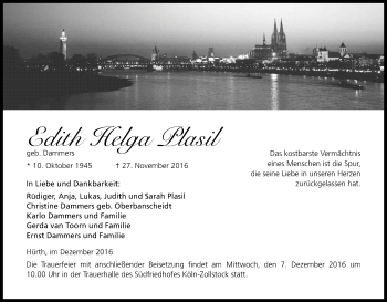 Anzeige von Edith Helga Plasil von Kölner Stadt-Anzeiger / Kölnische Rundschau / Express