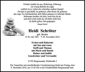 Anzeige von Heidi Schröter von Kölner Stadt-Anzeiger / Kölnische Rundschau / Express