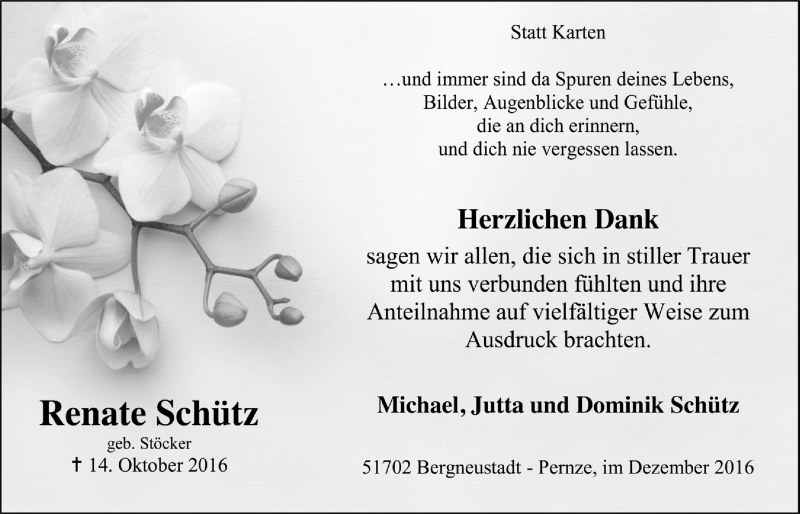  Traueranzeige für Renate Schütz vom 14.12.2016 aus  Anzeigen Echo 