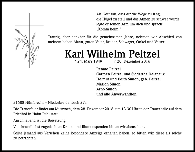  Traueranzeige für Karl Wilhelm Peitzel vom 24.12.2016 aus Kölner Stadt-Anzeiger / Kölnische Rundschau / Express