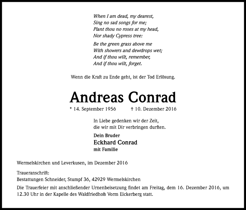  Traueranzeige für Andreas Conrad vom 13.12.2016 aus Kölner Stadt-Anzeiger / Kölnische Rundschau / Express