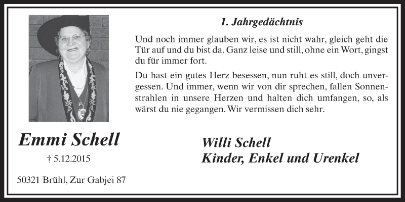 Traueranzeige für Emmi Schell vom 07.12.2016 aus  Schlossbote/Werbekurier 