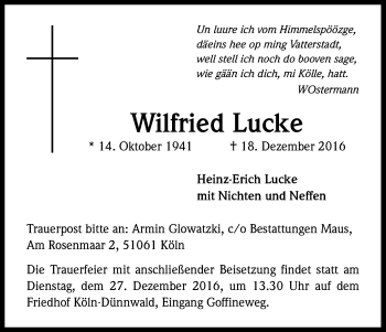 Anzeige von Wilfried Lucke von Kölner Stadt-Anzeiger / Kölnische Rundschau / Express