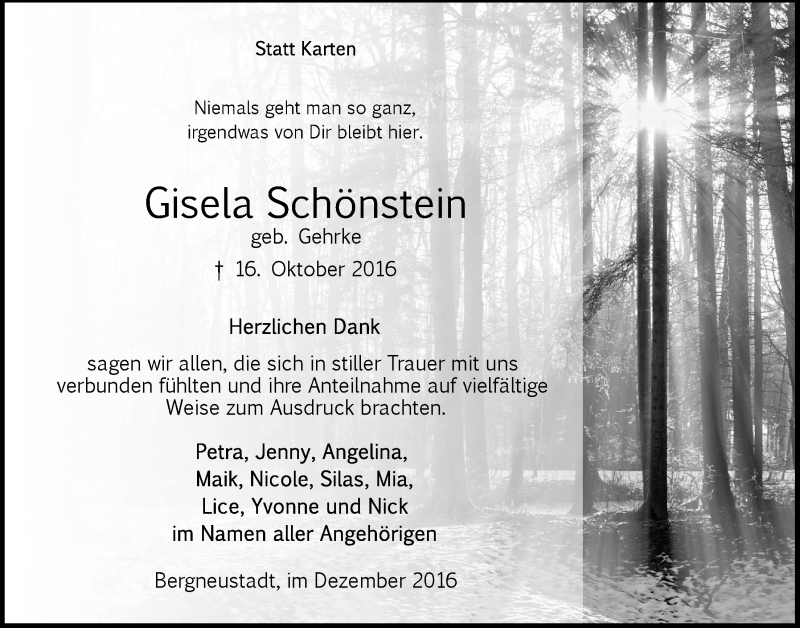  Traueranzeige für Gisela Schönstein vom 28.12.2016 aus  Anzeigen Echo 