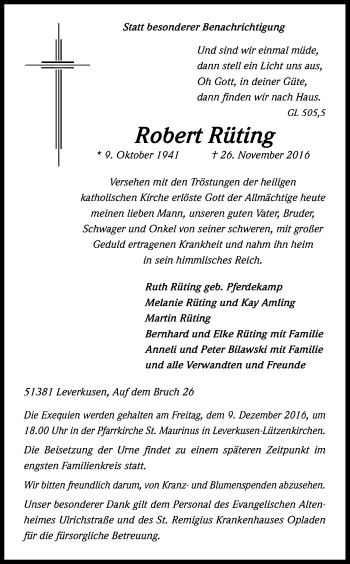 Anzeige von Robert Rüting von Kölner Stadt-Anzeiger / Kölnische Rundschau / Express