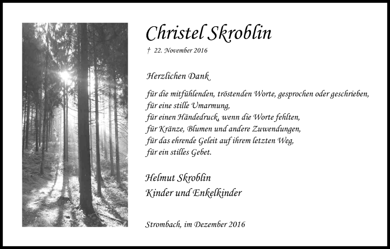  Traueranzeige für Christel Skroblin vom 31.12.2016 aus Kölner Stadt-Anzeiger / Kölnische Rundschau / Express