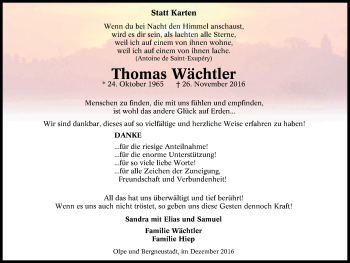 Anzeige von Thomas Wächtler von Kölner Stadt-Anzeiger / Kölnische Rundschau / Express