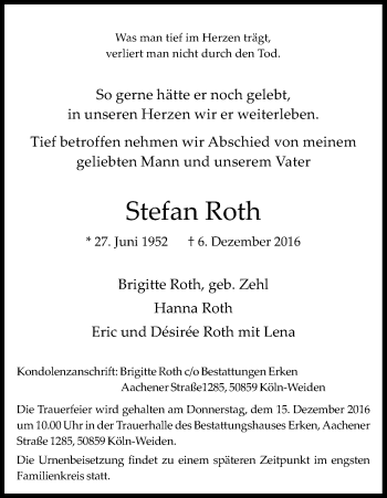 Anzeige von Stefan Roth von Kölner Stadt-Anzeiger / Kölnische Rundschau / Express