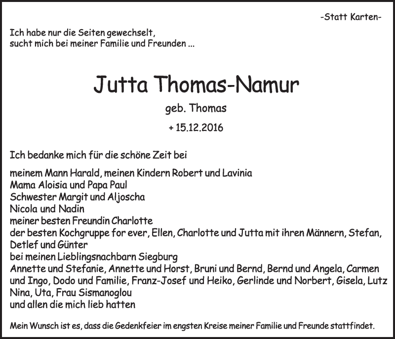  Traueranzeige für Jutta Thomas-Namur vom 21.12.2016 aus  Schlossbote/Werbekurier 