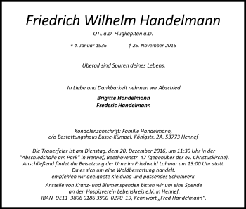 Anzeige von Friedrich Wilhelm Handelmann von Kölner Stadt-Anzeiger / Kölnische Rundschau / Express