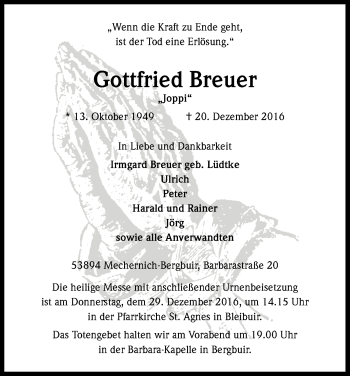 Anzeige von Gottfried Breuer von Kölner Stadt-Anzeiger / Kölnische Rundschau / Express