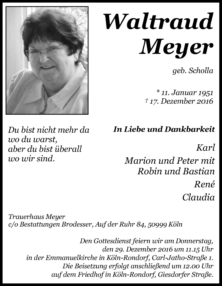  Traueranzeige für Waltraud Meyer vom 24.12.2016 aus Kölner Stadt-Anzeiger / Kölnische Rundschau / Express