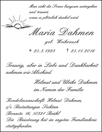 Anzeige von Maria Dahmen von  Schlossbote/Werbekurier 
