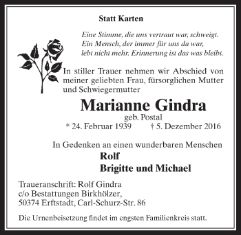 Anzeige von Marianne Gindra von  Werbepost 