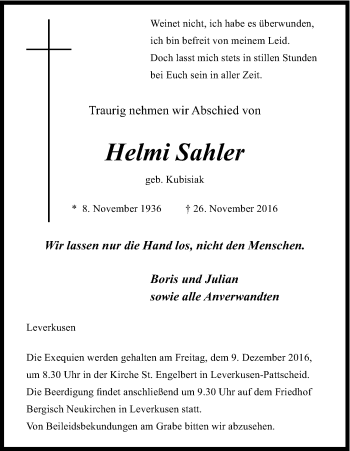 Anzeige von Helmi Sahler von Kölner Stadt-Anzeiger / Kölnische Rundschau / Express