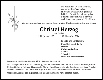 Anzeige von Christel Herzog von Kölner Stadt-Anzeiger / Kölnische Rundschau / Express