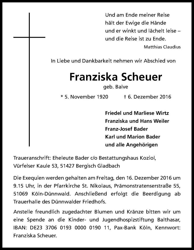 Traueranzeige für Franziska Scheuer vom 13.12.2016 aus Kölner Stadt-Anzeiger / Kölnische Rundschau / Express