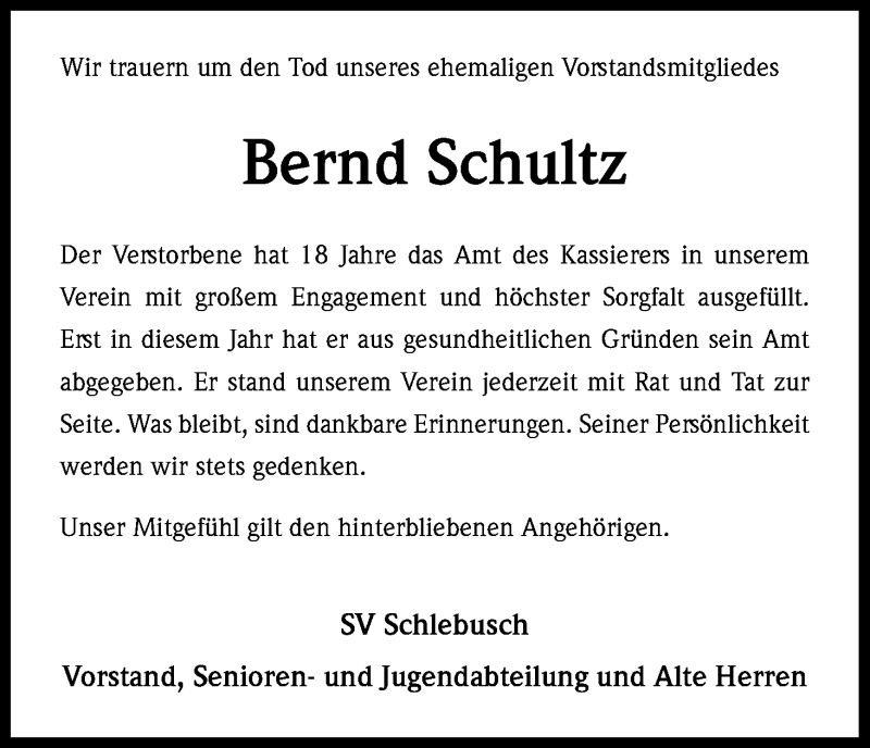  Traueranzeige für Bernd Schultz vom 10.12.2016 aus Kölner Stadt-Anzeiger / Kölnische Rundschau / Express