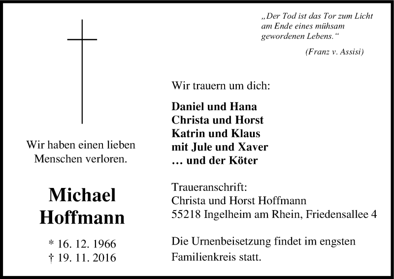  Traueranzeige für Michael Hoffmann vom 10.12.2016 aus Kölner Stadt-Anzeiger / Kölnische Rundschau / Express