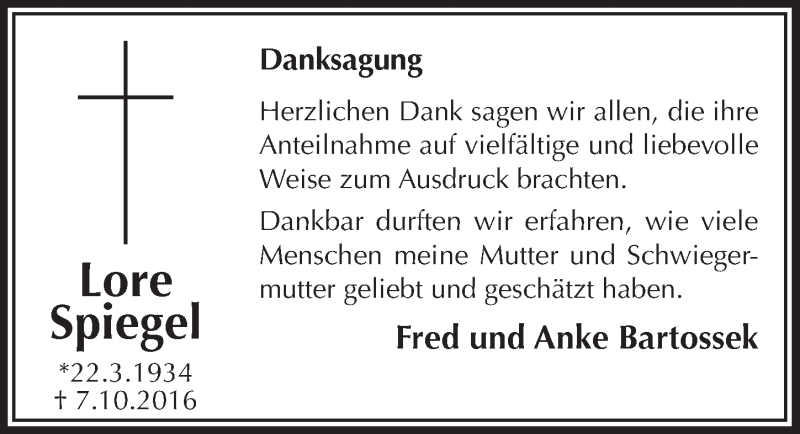  Traueranzeige für Lore Spiegel vom 07.12.2016 aus  Anzeigen Echo 