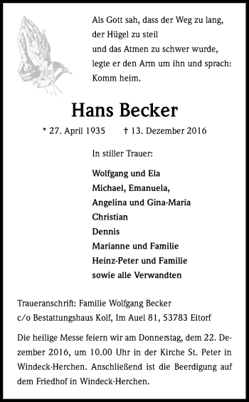 Anzeige von Hans Becker von Kölner Stadt-Anzeiger / Kölnische Rundschau / Express