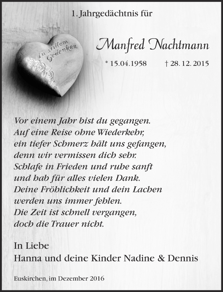  Traueranzeige für Manfred Nachtmann vom 24.12.2016 aus  Blickpunkt Euskirchen 