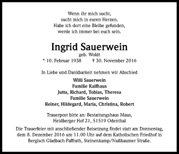 Anzeige von Ingrid Sauerwein von Kölner Stadt-Anzeiger / Kölnische Rundschau / Express