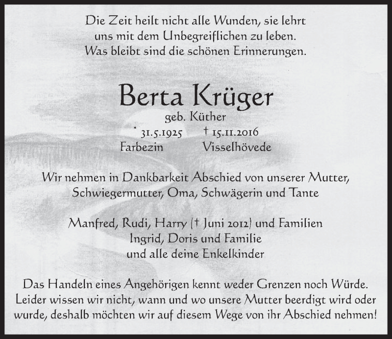  Traueranzeige für Berta Krüger vom 14.12.2016 aus  Schlossbote/Werbekurier 