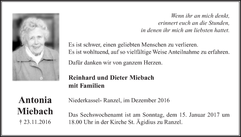  Traueranzeige für Antonia Miebach vom 21.12.2016 aus  Extra Blatt 